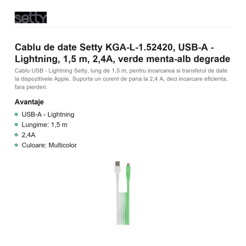 Cablu de date Setty KGA-L-1.52420, USB-A - Lightning, 1,5 m, 2,4A, verde menta-alb degrade [1]