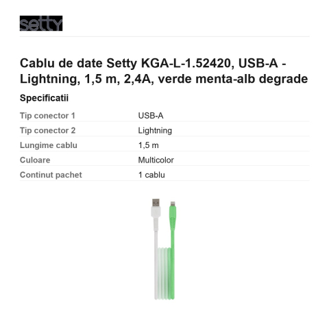 Cablu de date Setty KGA-L-1.52420, USB-A - Lightning, 1,5 m, 2,4A, verde menta-alb degrade [2]