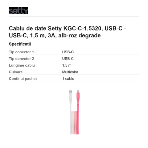 Cablu de date Setty KGC-C-1.5320, USB-C - USB-C, 1,5 m, 3A, alb-roz degrade [2]