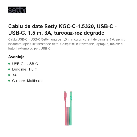 Cablu de date Setty KGC-C-1.5320, USB-C - USB-C, 1,5 m, 3A, turcoaz-roz degrade [1]