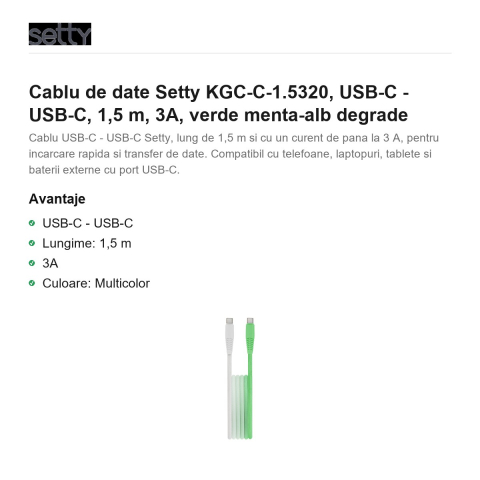 Cablu de date Setty KGC-C-1.5320, USB-C - USB-C, 1,5 m, 3A, verde menta-alb degrade [1]