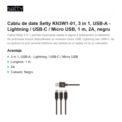 Cablu de date Setty KN3W1-01, 3 in 1, USB-A - Lightning / USB-C / Micro USB, 1 m, 2A, negru [1]