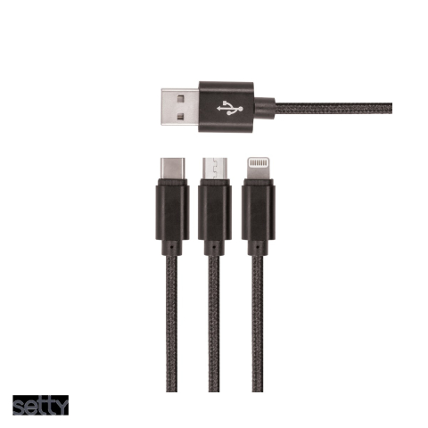 Cabluri de date telefoane - Cablu de date Setty KN3W1-01, 3 in 1, USB-A - Lightning / USB-C / Micro USB, 1 m, 2A, negru