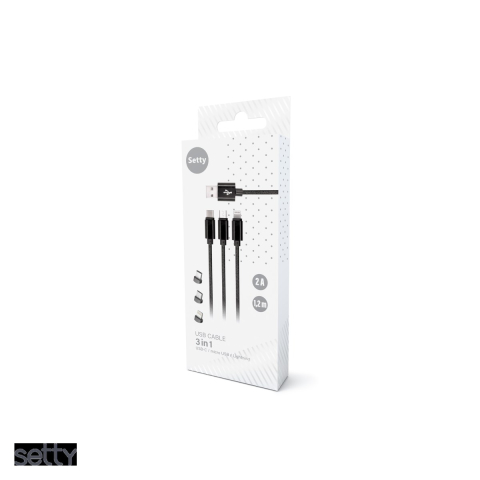 Cablu de date Setty KN3W1-01, 3 in 1, USB-A - Lightning / USB-C / Micro USB, 1 m, 2A, negru [3]