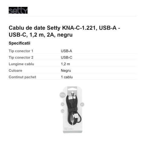 Cablu de date Setty KNA-C-1.221, USB-A - USB-C, 1,2 m, 2A, negru [2]