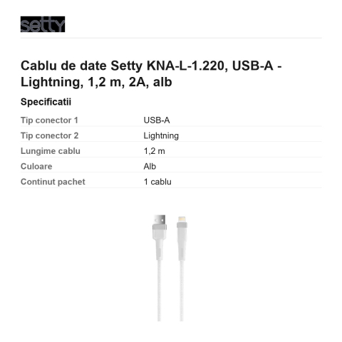 Cablu de date Setty KNA-L-1.220, USB-A - Lightning, 1,2 m, 2A, alb [2]