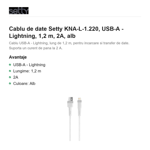 Cablu de date Setty KNA-L-1.220, USB-A - Lightning, 1,2 m, 2A, alb [1]