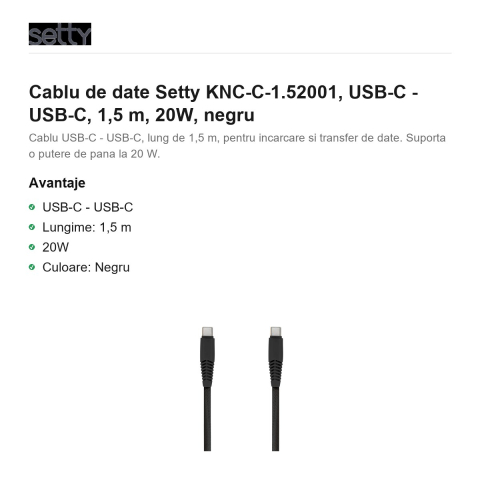 Cablu de date Setty KNC-C-1.52001, USB-C - USB-C, 1,5 m, 20W, negru [1]