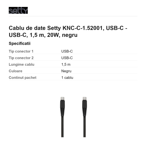 Cablu de date Setty KNC-C-1.52001, USB-C - USB-C, 1,5 m, 20W, negru [2]