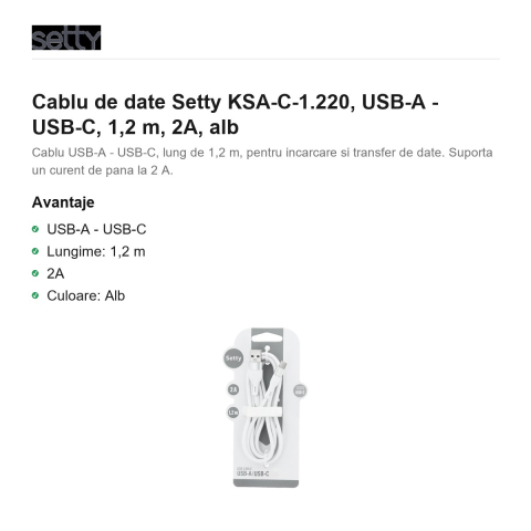 Cablu de date Setty KSA-C-1.220, USB-A - USB-C, 1,2 m, 2A, alb [1]