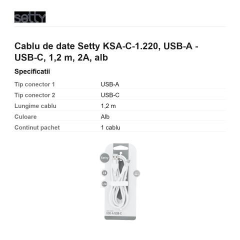Cablu de date Setty KSA-C-1.220, USB-A - USB-C, 1,2 m, 2A, alb [2]