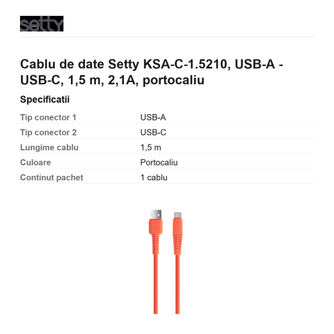 Cablu de date Setty KSA-C-1.5210, USB-A - USB-C, 1,5 m, 2,1A, portocaliu [2]