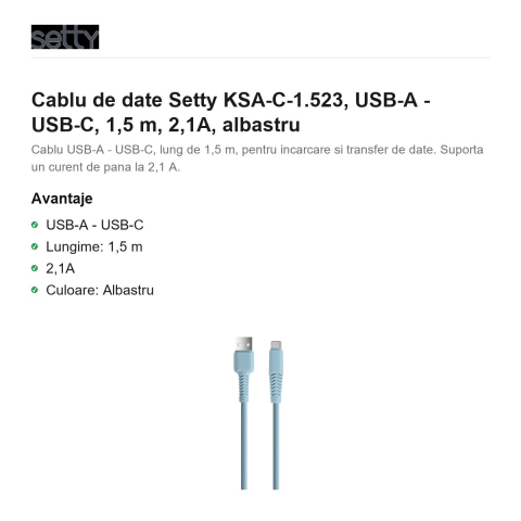 Cablu de date Setty KSA-C-1.523, USB-A - USB-C, 1,5 m, 2,1A, albastru [1]