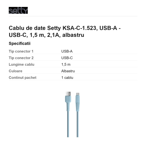 Cablu de date Setty KSA-C-1.523, USB-A - USB-C, 1,5 m, 2,1A, albastru [2]