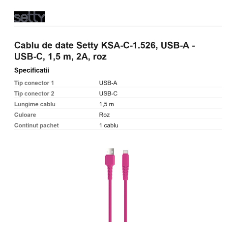 Cablu de date Setty KSA-C-1.526, USB-A - USB-C, 1,5 m, 2A, roz [2]