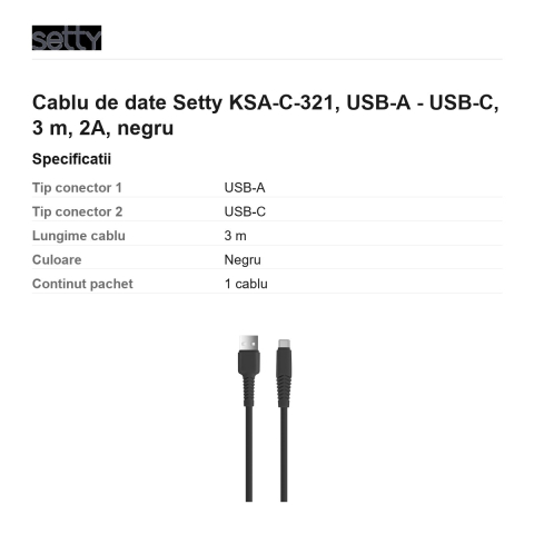 Cablu de date Setty KSA-C-321, USB-A - USB-C, 3 m, 2A, negru [2]