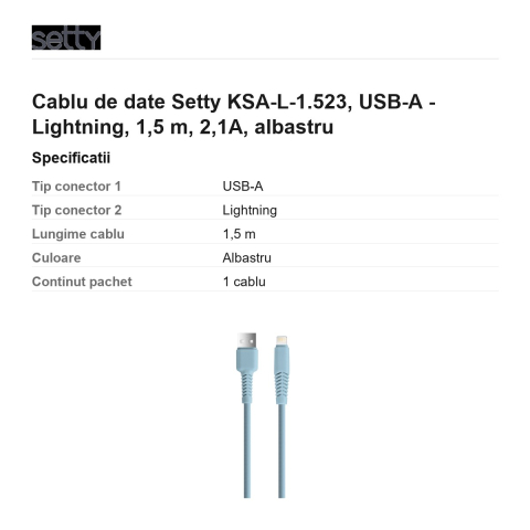 Cablu de date Setty KSA-L-1.523, USB-A - Lightning, 1,5 m, 2,1A, albastru [2]
