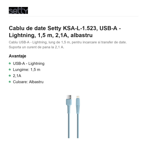 Cablu de date Setty KSA-L-1.523, USB-A - Lightning, 1,5 m, 2,1A, albastru [1]