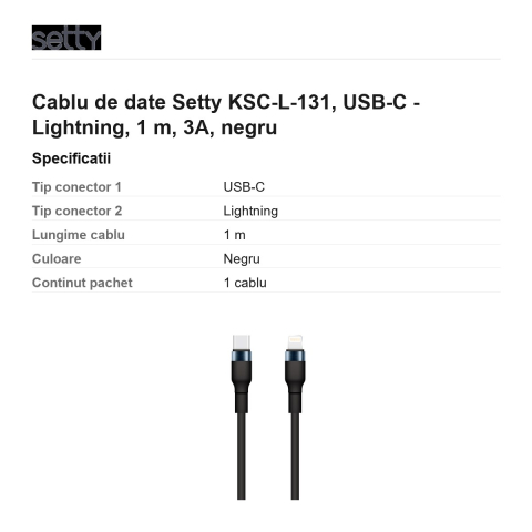 Cablu de date Setty KSC-L-131, USB-C - Lightning, 1 m, 3A, negru [2]