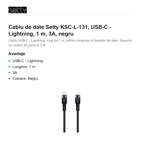 Cablu de date Setty KSC-L-131, USB-C - Lightning, 1 m, 3A, negru [1]