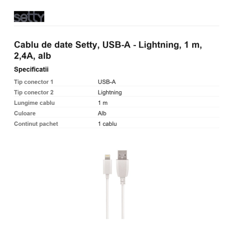 Cablu de date Setty, USB-A - Lightning, 1 m, 2,4A, alb [2]
