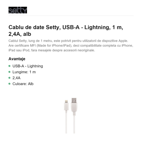 Cablu de date Setty, USB-A - Lightning, 1 m, 2,4A, alb [1]