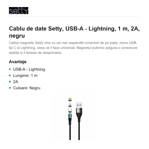 Cablu de date Setty, USB-A - Lightning, 1 m, 2A, negru [1]