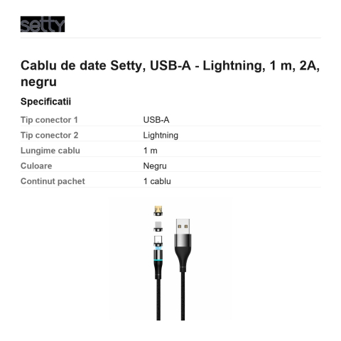 Cablu de date Setty, USB-A - Lightning, 1 m, 2A, negru [2]