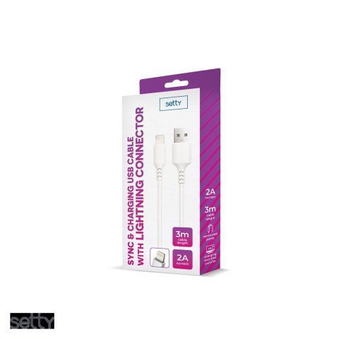 Cablu de date Setty, USB-A - Lightning, 3 m, 2A, alb [3]