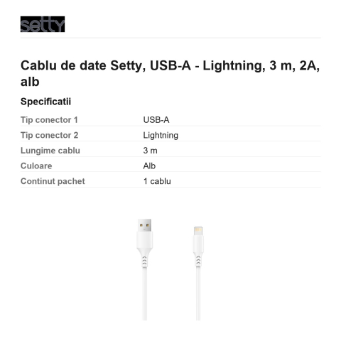 Cablu de date Setty, USB-A - Lightning, 3 m, 2A, alb [2]