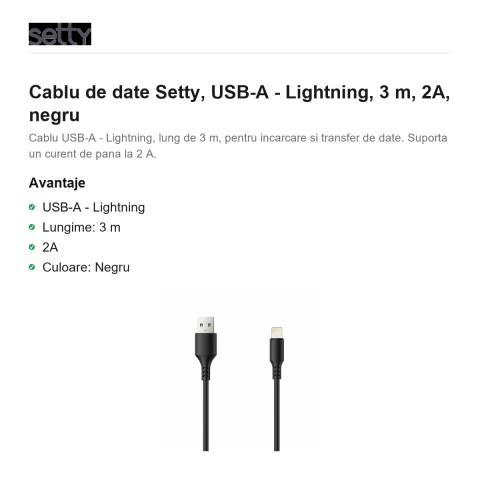 Cablu de date Setty, USB-A - Lightning, 3 m, 2A, negru [1]