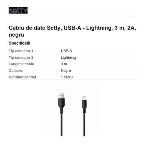 Cablu de date Setty, USB-A - Lightning, 3 m, 2A, negru [2]