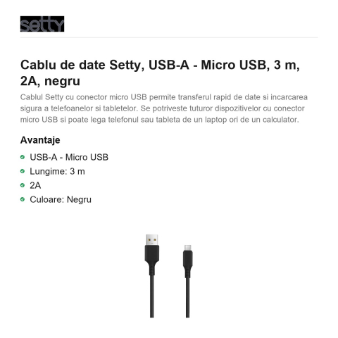 Cablu de date Setty, USB-A - Micro USB, 3 m, 2A, negru [1]