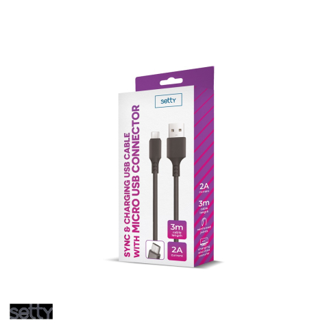 Cablu de date Setty, USB-A - Micro USB, 3 m, 2A, negru [3]