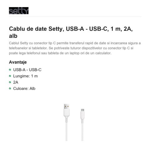 Cablu de date Setty, USB-A - USB-C, 1 m, 2A, alb [1]