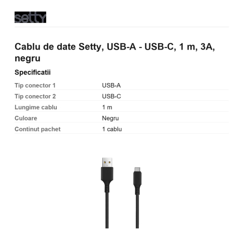 Cablu de date Setty, USB-A - USB-C, 1 m, 3A, negru [2]