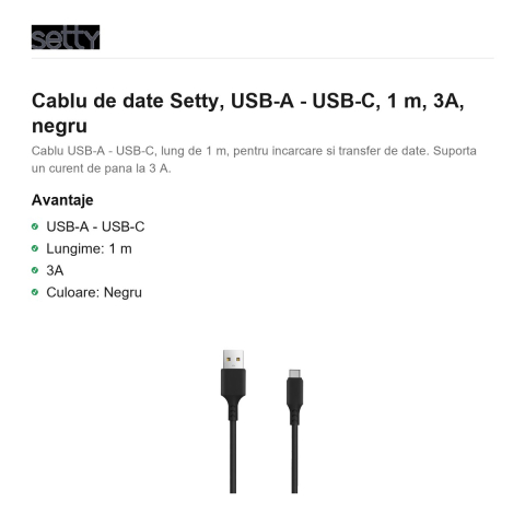 Cablu de date Setty, USB-A - USB-C, 1 m, 3A, negru [1]
