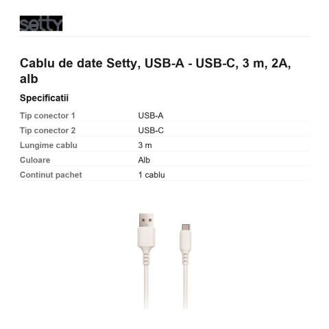 Cablu de date Setty, USB-A - USB-C, 3 m, 2A, alb [2]