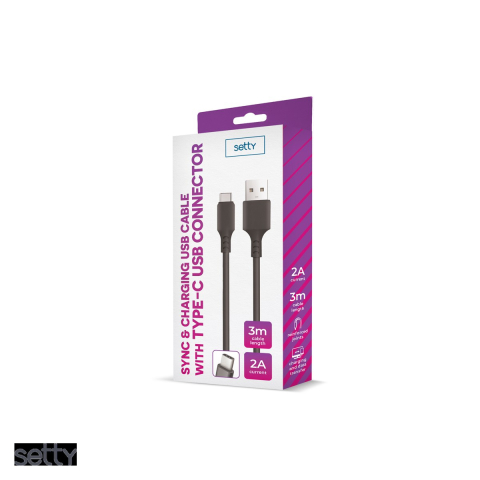 Cablu de date Setty, USB-A - USB-C, 3 m, 2A, negru [3]