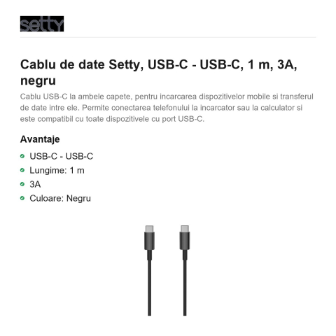 Cablu de date Setty, USB-C - USB-C, 1 m, 3A, negru [1]