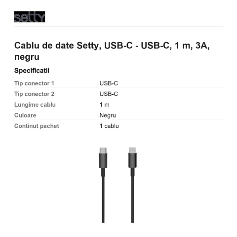 Cablu de date Setty, USB-C - USB-C, 1 m, 3A, negru [2]