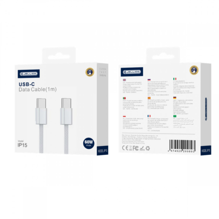Cablu de date si alimentare premium, PD60W, conectori USB Tip C tata la USB Tip C tata, JELLICO IP15, lungime 100 cm, Alb [2]