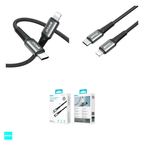 Cablu de date si incarcare, conectori USB-C tata la tip lightning tata, lungime 2m, 30W, BWOO PD 30W Metal Data Cable, cu exteriorul din nailon impletit, in blister, negru [3]