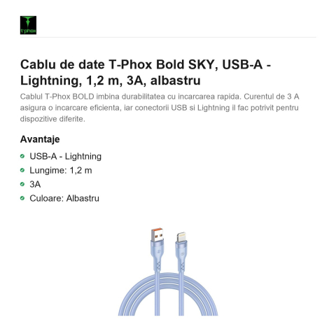 Cablu de date T-Phox Bold SKY, USB-A - Lightning, 1,2 m, 3A, albastru [1]