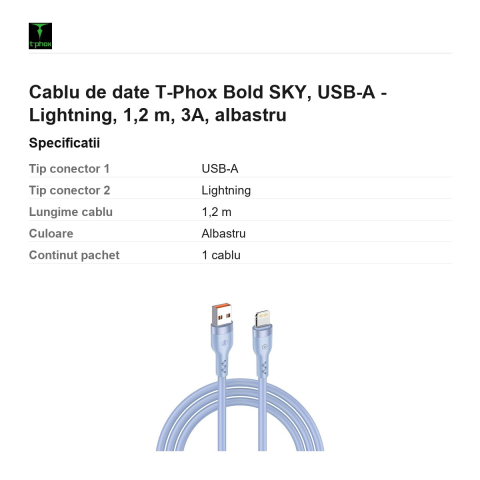 Cablu de date T-Phox Bold SKY, USB-A - Lightning, 1,2 m, 3A, albastru [2]