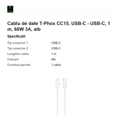 Cablu de date T-Phox CC15, USB-C - USB-C, 1 m, 60W 3A, alb [2]