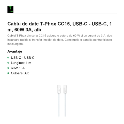 Cablu de date T-Phox CC15, USB-C - USB-C, 1 m, 60W 3A, alb [1]