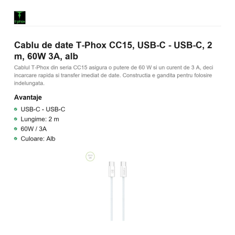 Cablu de date T-Phox CC15, USB-C - USB-C, 2 m, 60W 3A, alb [1]