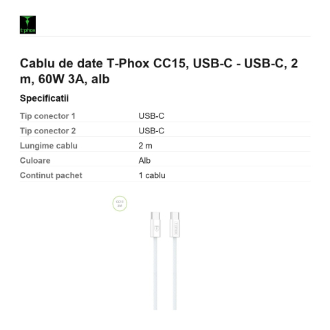 Cablu de date T-Phox CC15, USB-C - USB-C, 2 m, 60W 3A, alb [2]