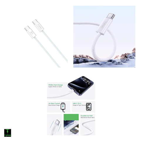 Cablu de date T-Phox CC15, USB-C - USB-C, 2 m, 60W 3A, alb [3]